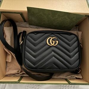 Authentic Gucci GG Marmont Mini Camera Bag – Black Leather